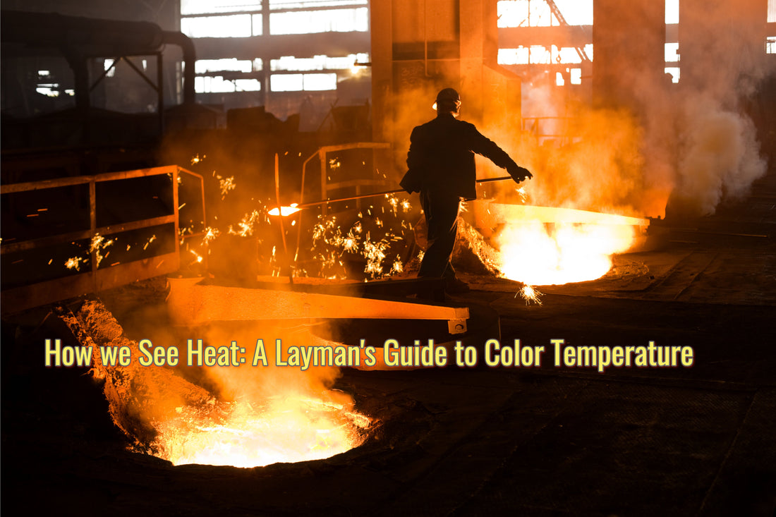 A man with a hard hat working over glowing pits.  Title of article "How we see heat: A layman's guide to color temperature